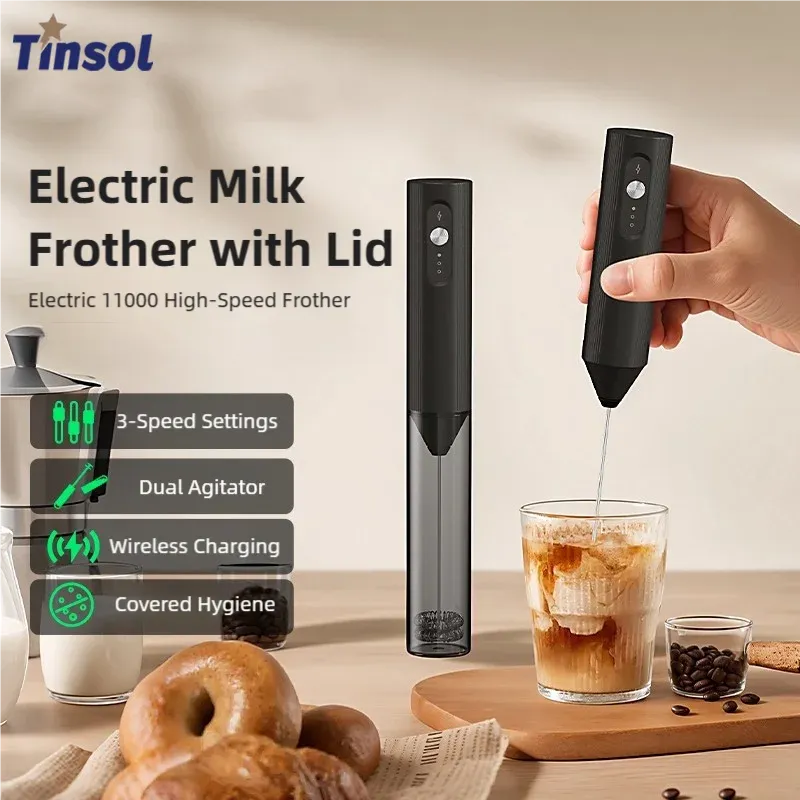 Mousseur à lait thermoélectrique à charge sans fil USB-C, 3 vitesses réglables, mini mélangeur à café portable, 14 000 tr/min, cuisine