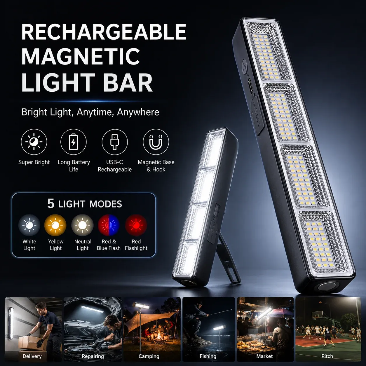 Barre lumineuse LED magnétique rechargeable USB, portable, 3 modes, IP66