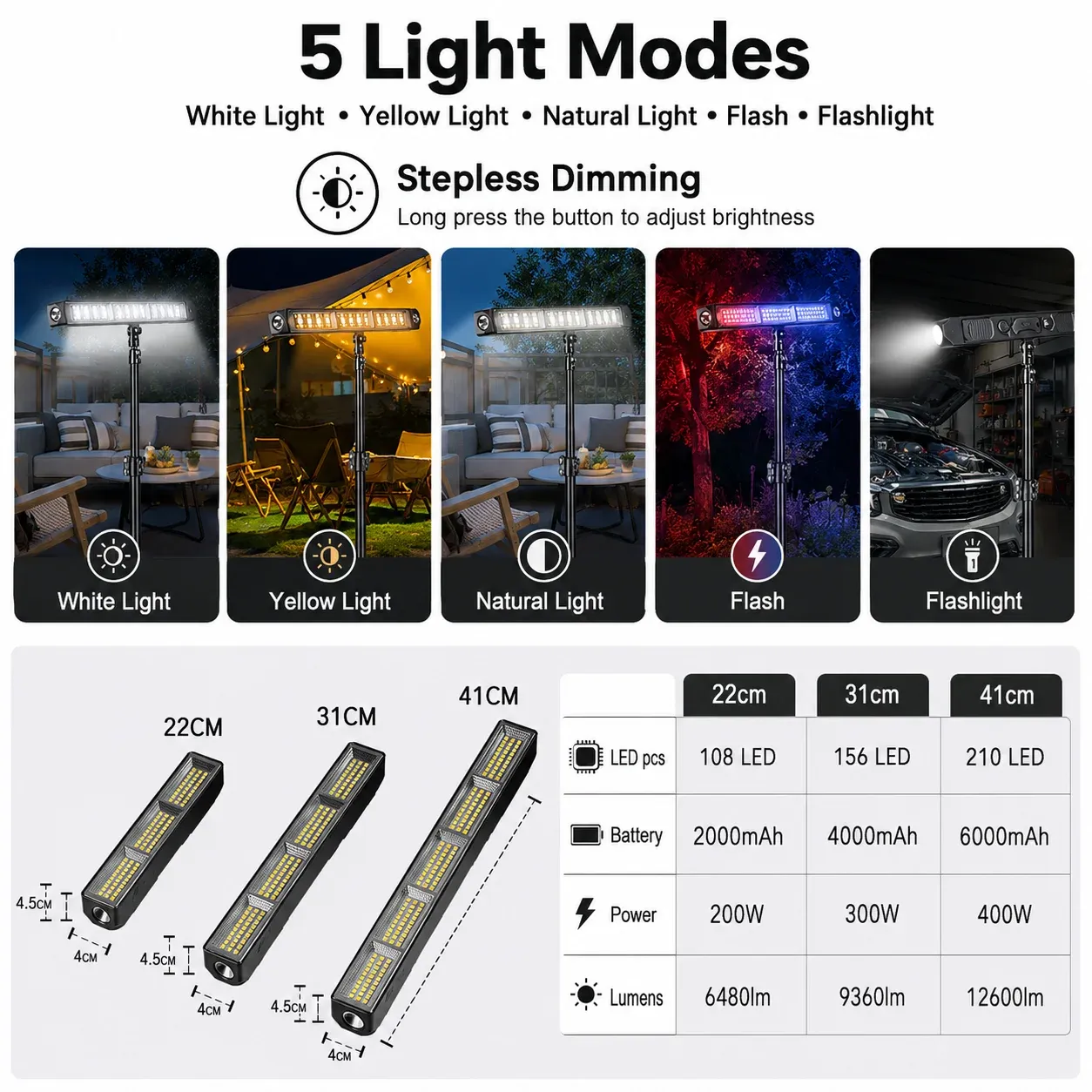 Barre lumineuse LED magnétique rechargeable USB, portable, 3 modes, IP66 6