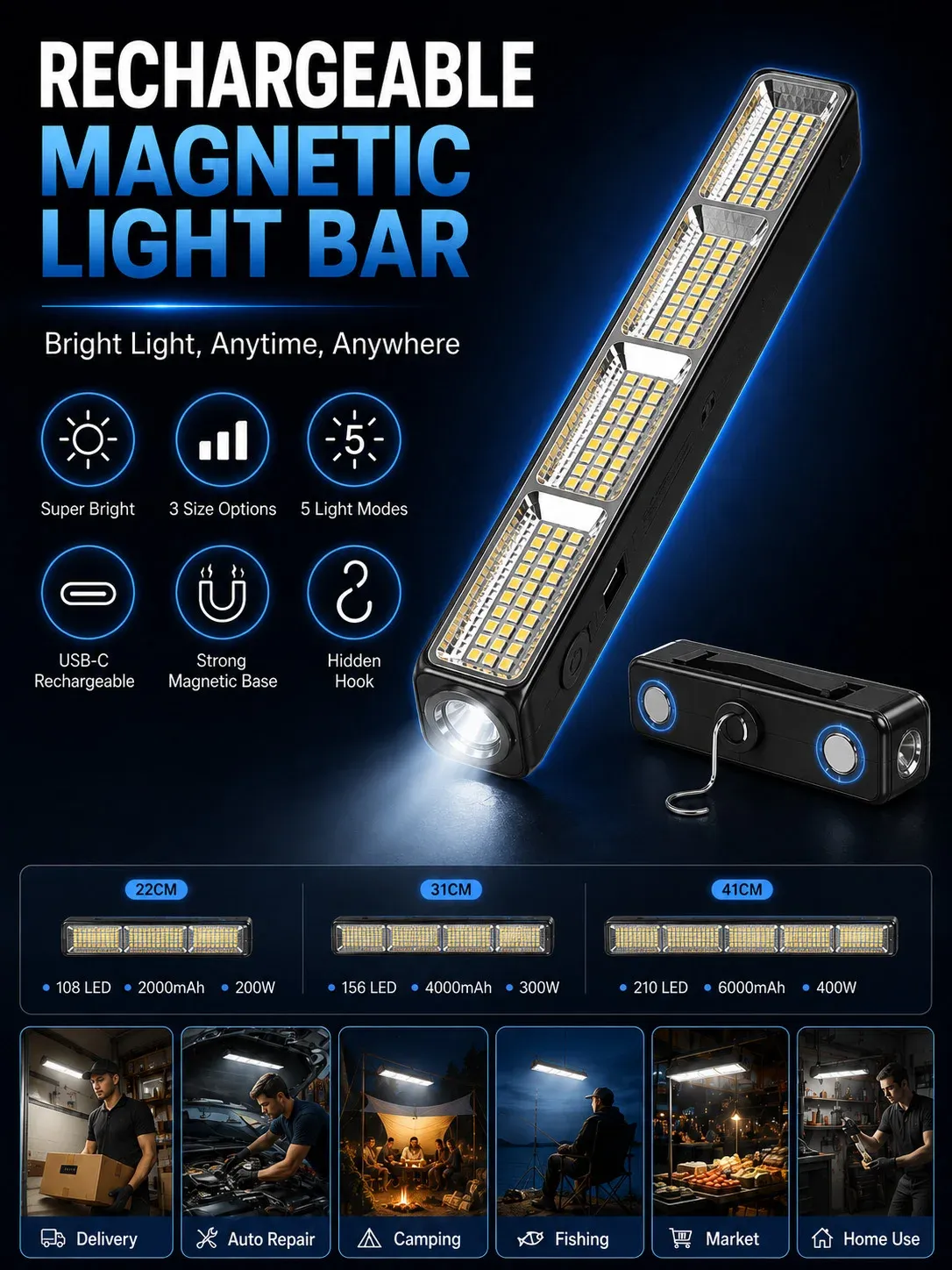 Barre lumineuse de travail LED magnétique rechargeable