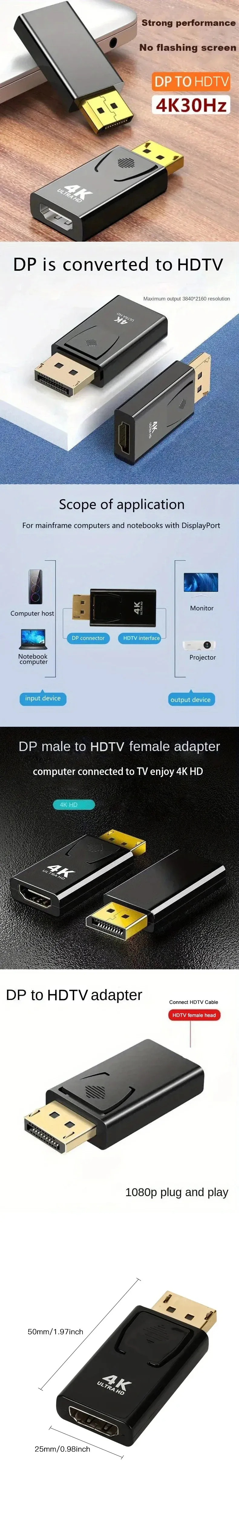 Adaptateur DisplayPort vers HDMI, options de résolution et contenu du colis