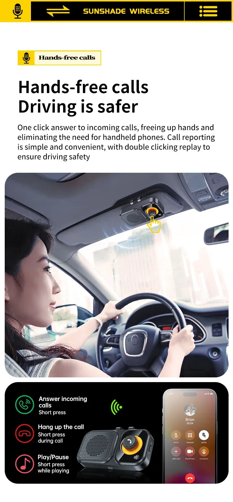 Kit mains libres Bluetooth pour voiture, fixation pare-soleil