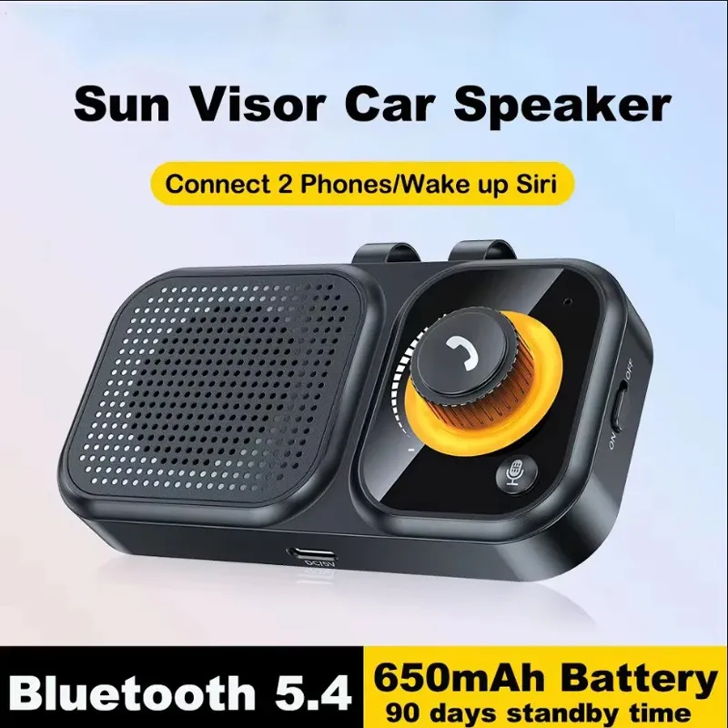 Haut-parleur Bluetooth 5.4 pour voiture avec kit mains libres, fixation pare-soleil, récepteur audio sans fil et éclairage d'ambiance 7