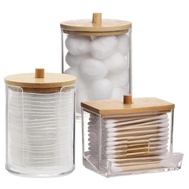 Ensemble d'organisateurs pour salle de bain avec pots de rangement à couvercles transparents pour cotons-tiges, cotons et tampons 9