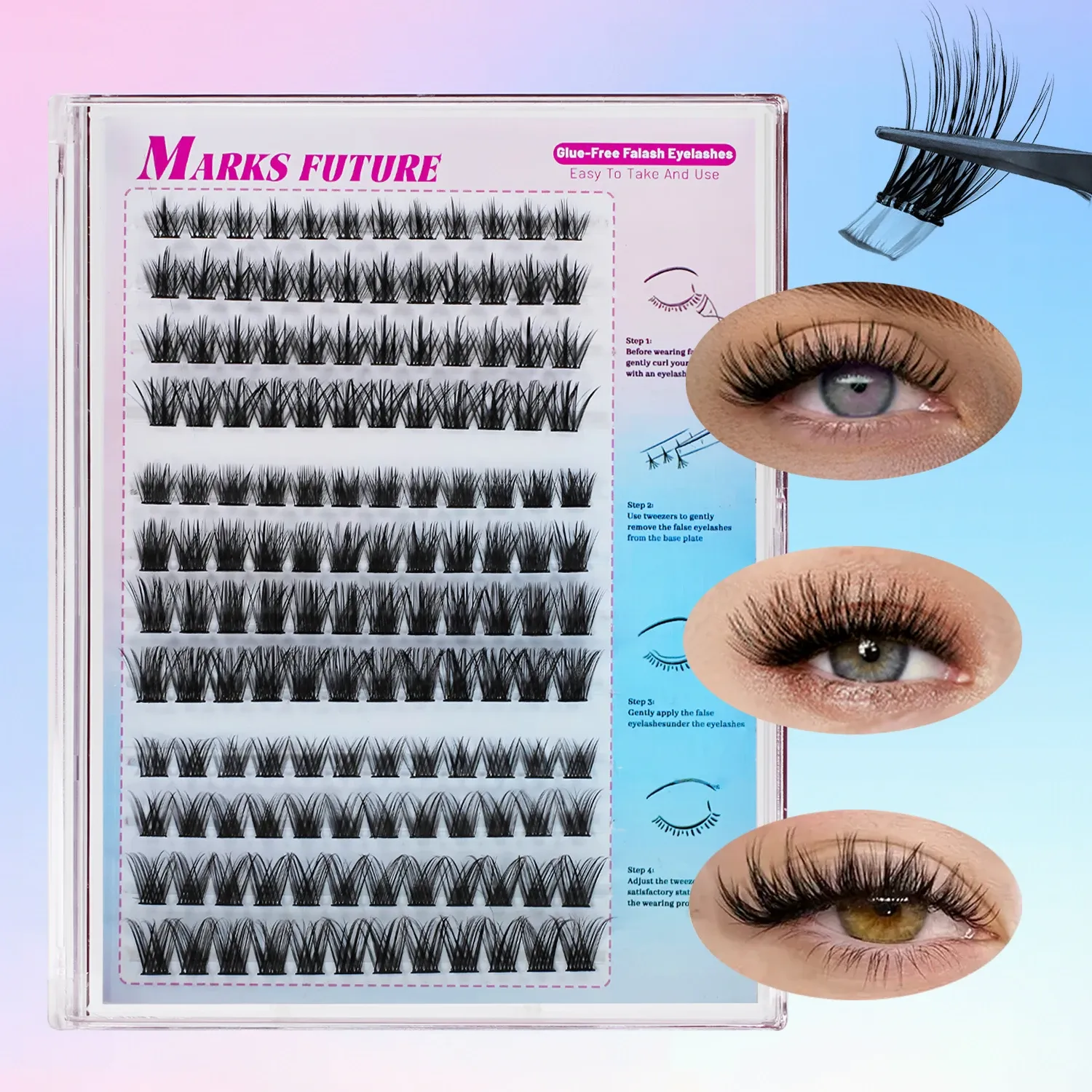 144 faux cils en forme de C auto-adhésifs avec pince à épiler, effet « œil de chat » naturel et volumineux, longueurs assorties de 10 à 16 mm, réutilisables - Image 1