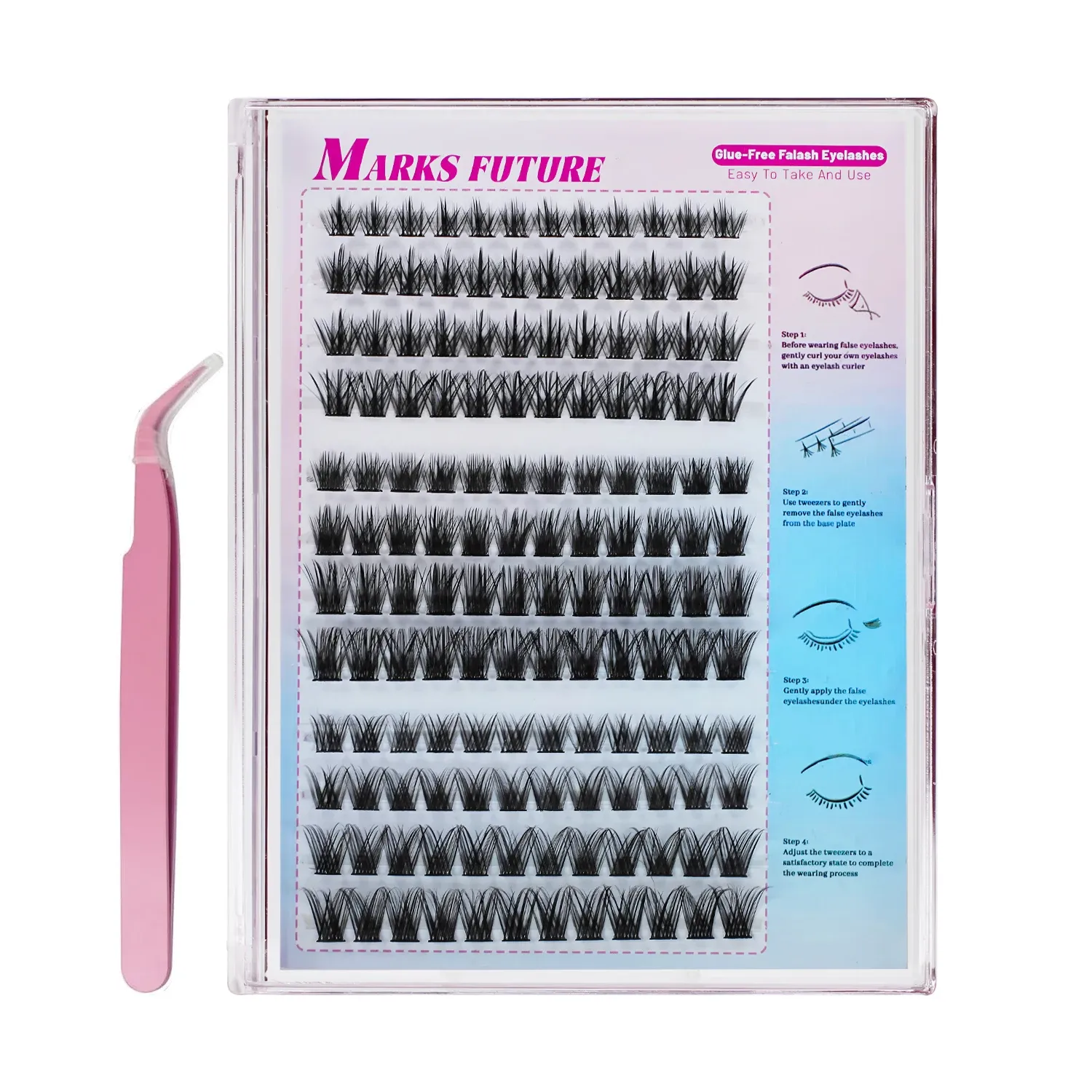 144 faux cils en forme de C auto-adhésifs avec pince à épiler, effet « œil de chat » naturel et volumineux, longueurs assorties de 10 à 16 mm, réutilisables 6