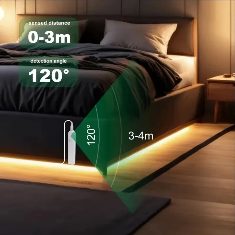 Bande lumineuse LED COB 5 V, 320 LED/m, avec capteur de mouvement PIR, autocollante et flexible, alimentation par batterie, pour éclairage d'armoire et de cuisine 2