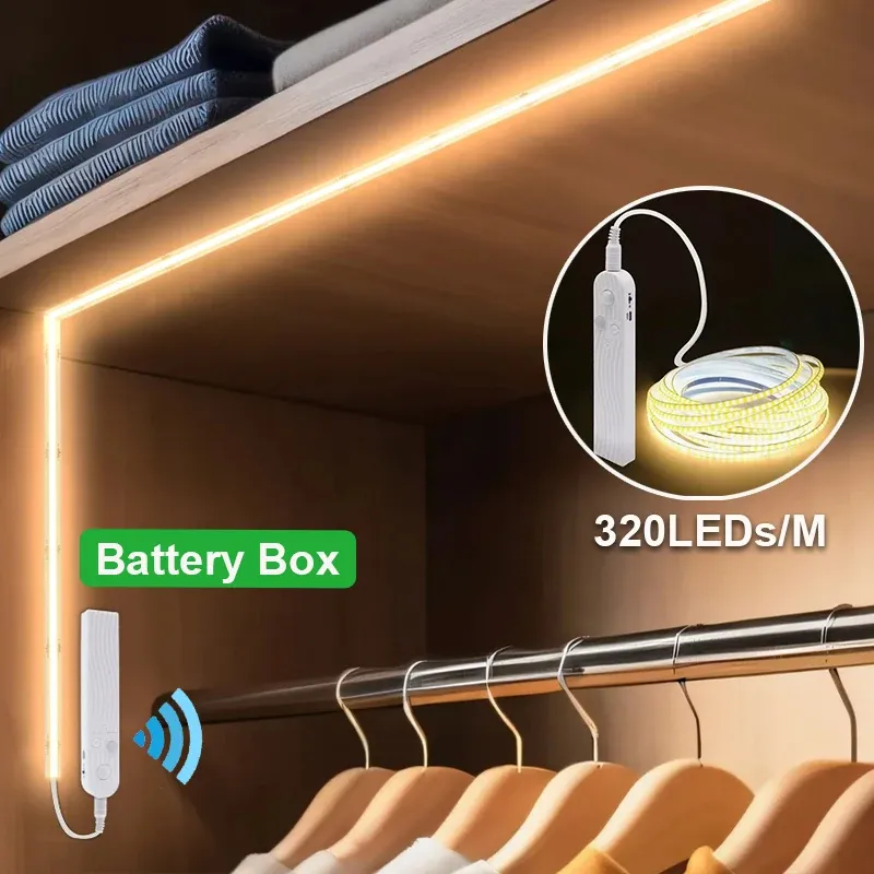 Bande lumineuse LED COB 5 V, 320 LED/m, avec capteur de mouvement PIR, autocollante et flexible, alimentation par batterie, pour éclairage d'armoire et de cuisine
