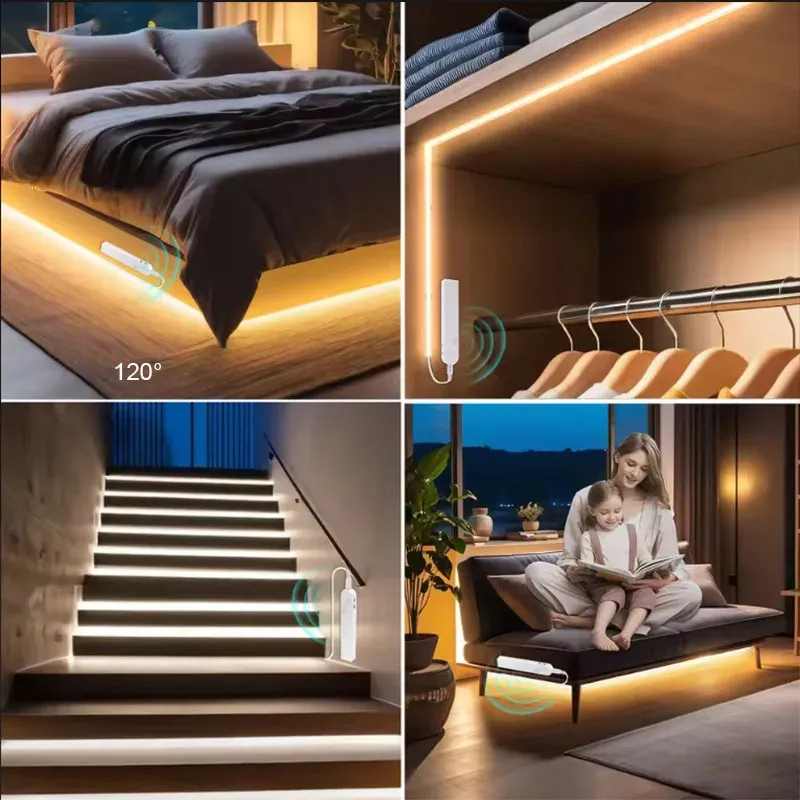 Bande lumineuse LED COB 5 V, 320 LED/m, avec capteur de mouvement PIR, autocollante et flexible, alimentation par batterie, pour éclairage d'armoire et de cuisine 5
