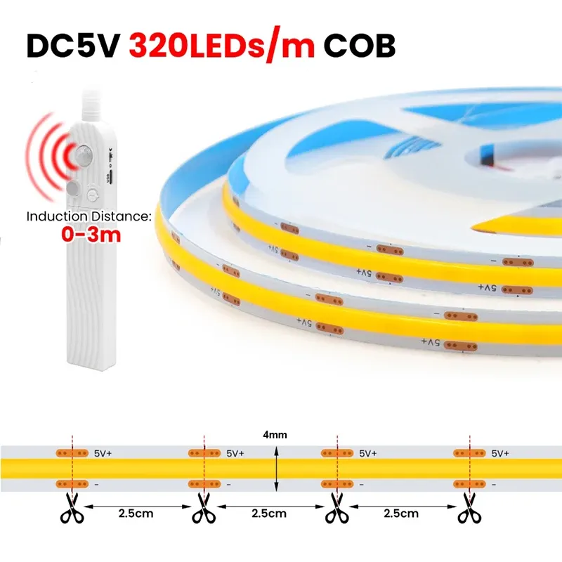 Bande lumineuse LED COB 5 V, 320 LED/m, avec capteur de mouvement PIR, autocollante et flexible, alimentation par batterie, pour éclairage d'armoire et de cuisine 6