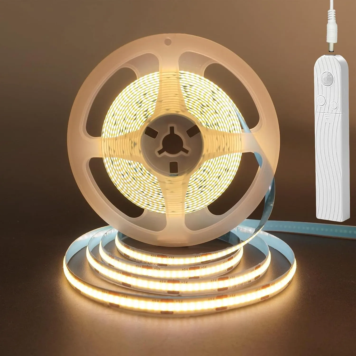 Bande lumineuse LED COB 5 V, 320 LED/m, avec capteur de mouvement PIR, autocollante et flexible, alimentation par batterie, pour éclairage d'armoire et de cuisine 8