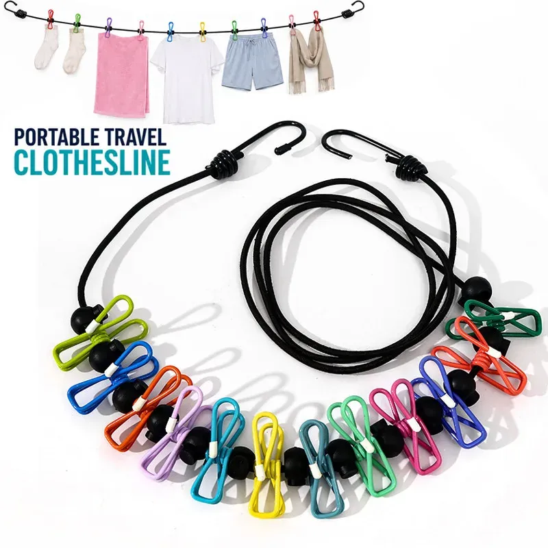 Corde à linge rétractable portable avec 12 pinces, pour séchage en intérieur et en plein air