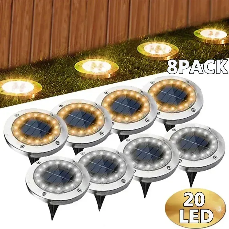 Lumières solaires d'extérieur encastrables, lot de 1, 4 ou 8 pièces, à 8 ou 20 LED, en forme de disque, idéales pour jardin, pelouse, cour et décoration de la maison