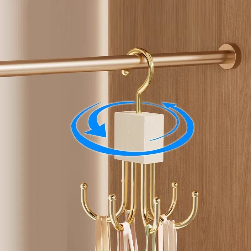 360° Cintre rotatif en bois et métal, support de ceintures multi-griffes, crochet de placard multifonctionnel, organisateur en bois pour sous-vêtements 2