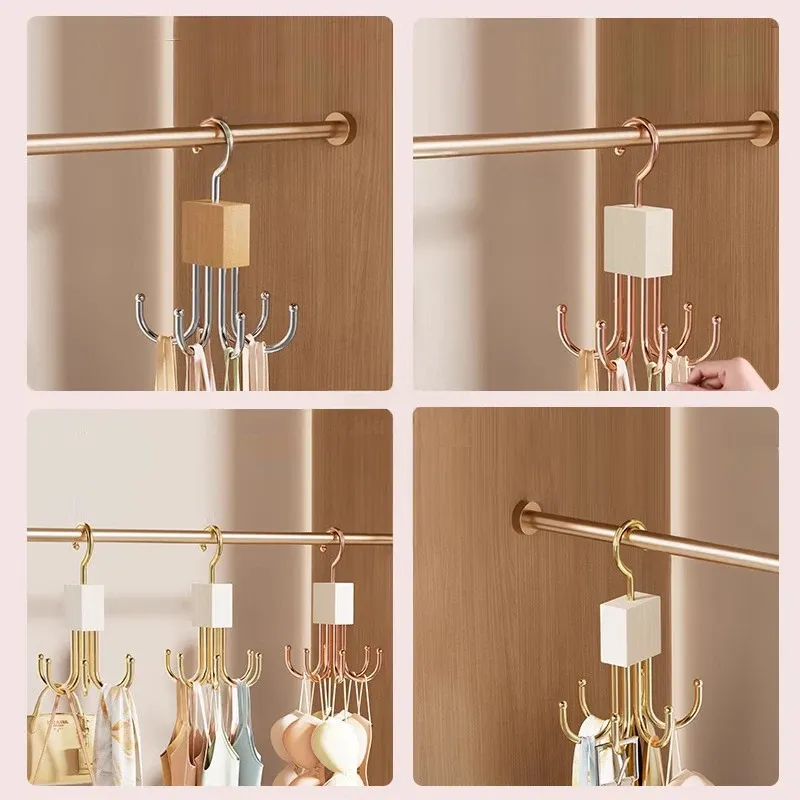 360° Cintre rotatif en bois et métal, support de ceintures multi-griffes, crochet de placard multifonctionnel, organisateur en bois pour sous-vêtements 4