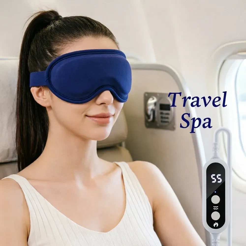 Masque yeux chauffant 3D avec massage vibrant, compresse chaude anti-cernes, masque occultant pour aider au sommeil, idéal pour le spa et les voyages 6