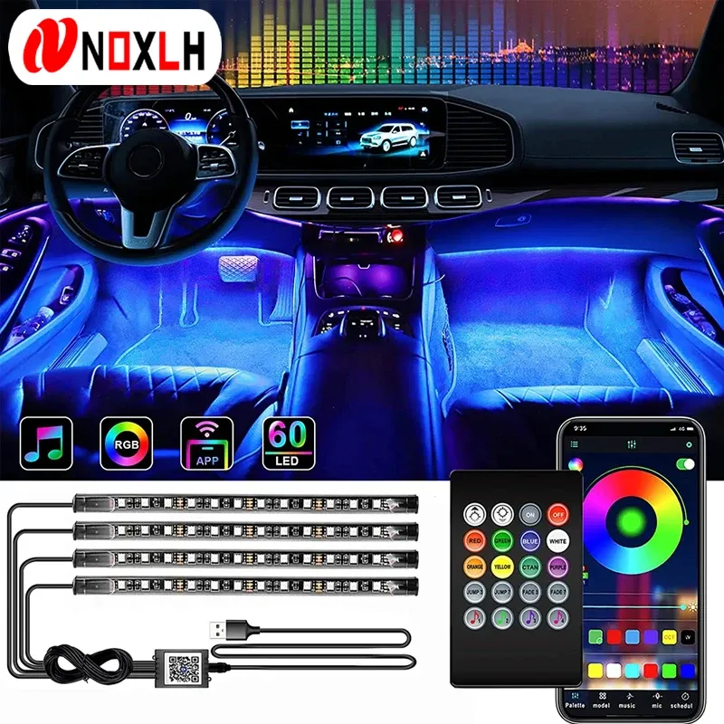 Kit d'éclairage LED néon RVB pour intérieur de voiture avec bande de pied, télécommande et contrôle musical