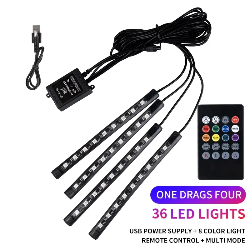 Kit d'éclairage LED néon RVB pour intérieur de voiture avec bande de pied, télécommande et contrôle musical 8