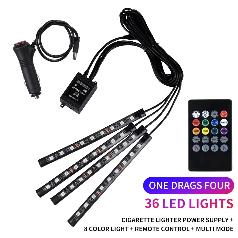 Kit d'éclairage LED néon RVB pour intérieur de voiture avec bande de pied, télécommande et contrôle musical 7