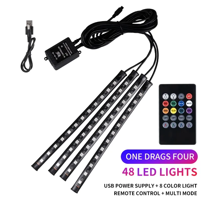 Kit d'éclairage LED néon RVB pour intérieur de voiture avec bande de pied, télécommande et contrôle musical 16