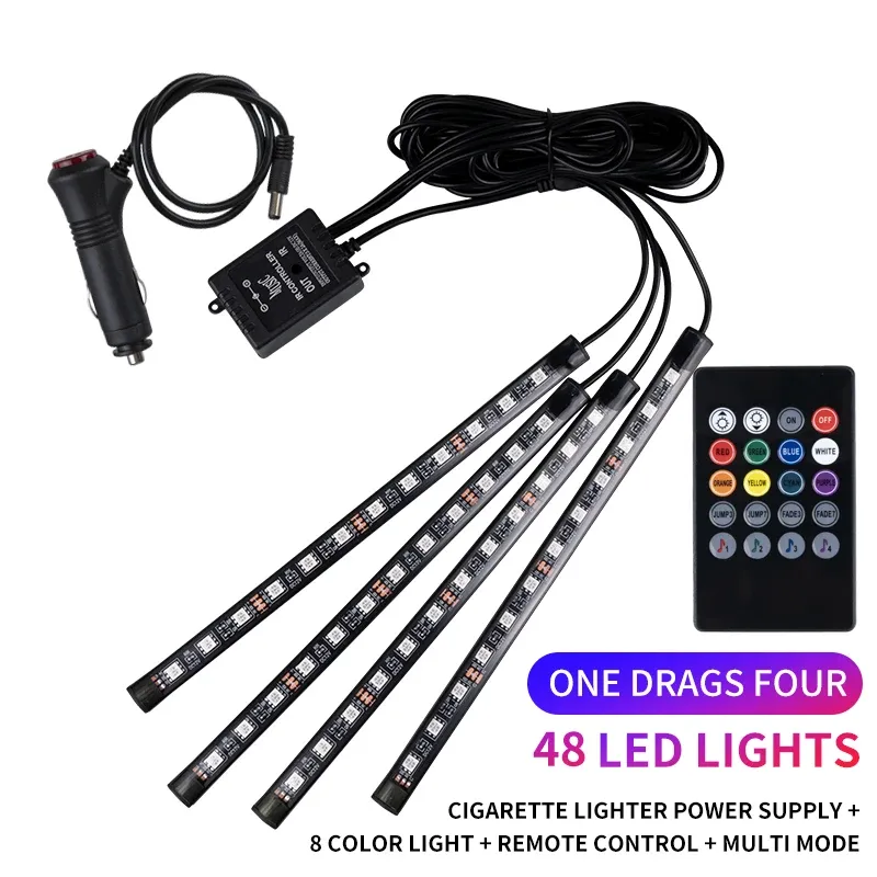 Kit d'éclairage LED néon RVB pour intérieur de voiture avec bande de pied, télécommande et contrôle musical 15
