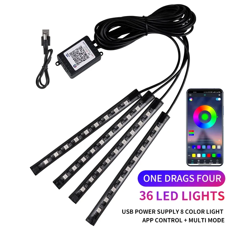 Kit d'éclairage LED néon RVB pour intérieur de voiture avec bande de pied, télécommande et contrôle musical 12