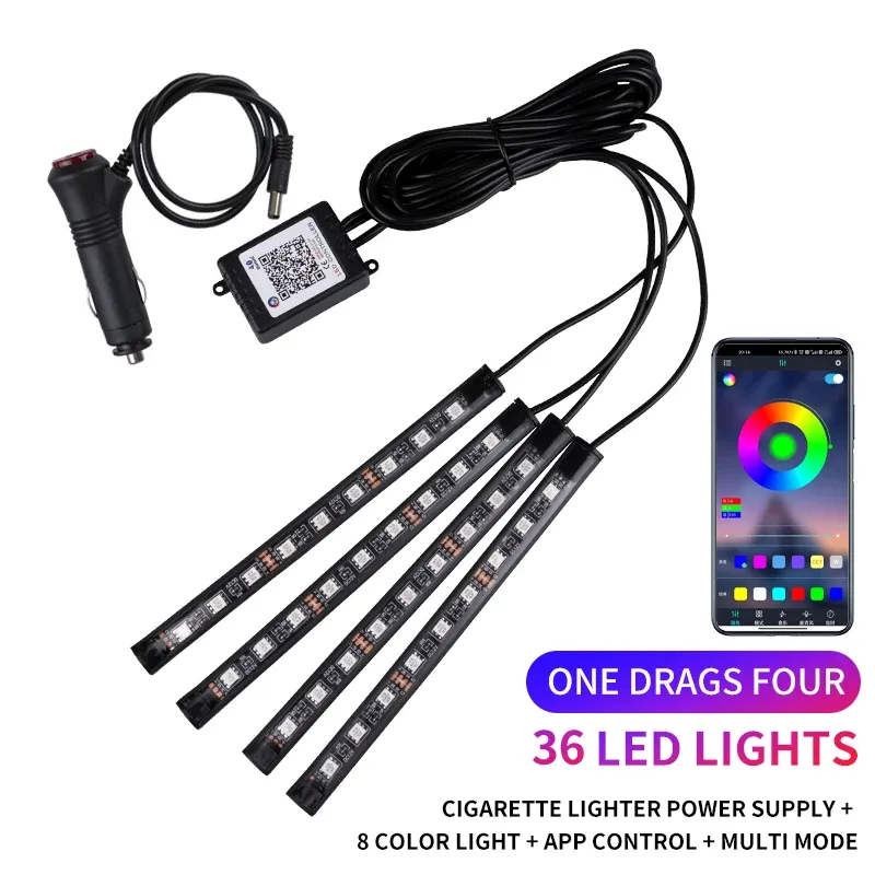 Kit d'éclairage LED néon RVB pour intérieur de voiture avec bande de pied, télécommande et contrôle musical 11