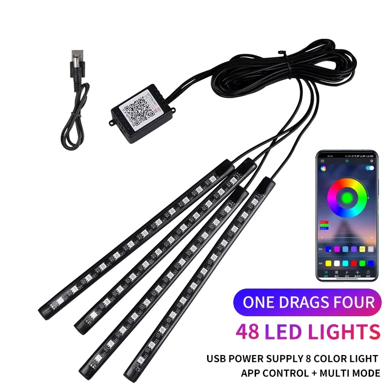 Kit d'éclairage LED néon RVB pour intérieur de voiture avec bande de pied, télécommande et contrôle musical 14