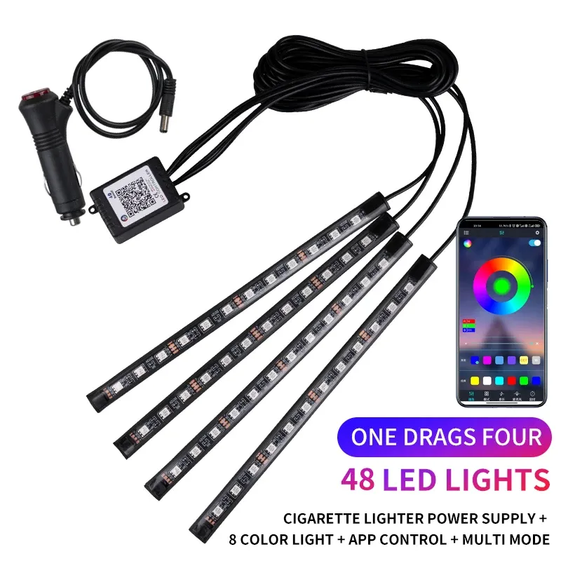 Kit d'éclairage LED néon RVB pour intérieur de voiture avec bande de pied, télécommande et contrôle musical 13