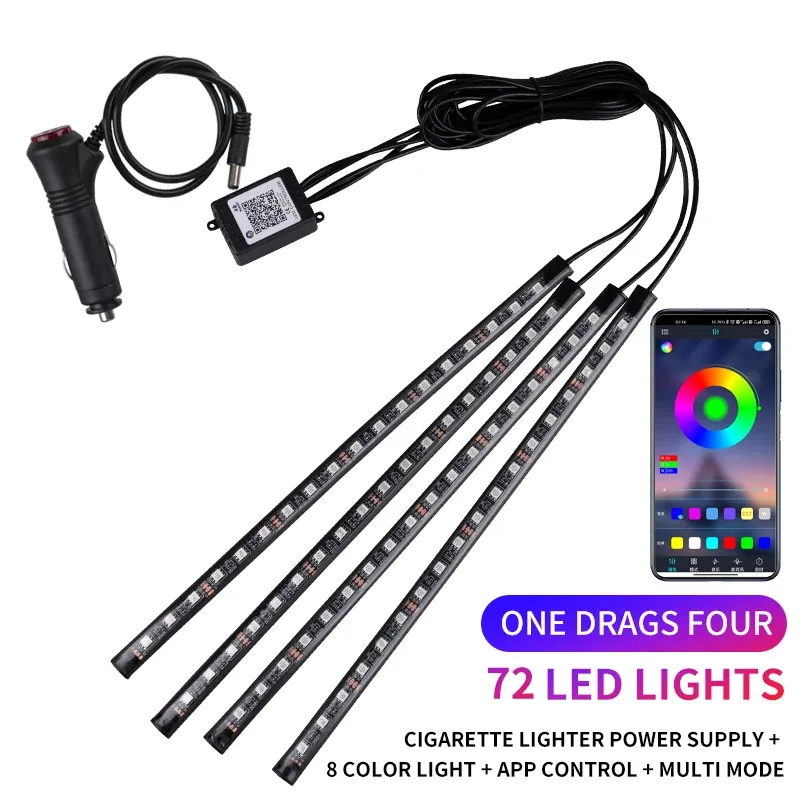 Kit d'éclairage LED néon RVB pour intérieur de voiture avec bande de pied, télécommande et contrôle musical 9