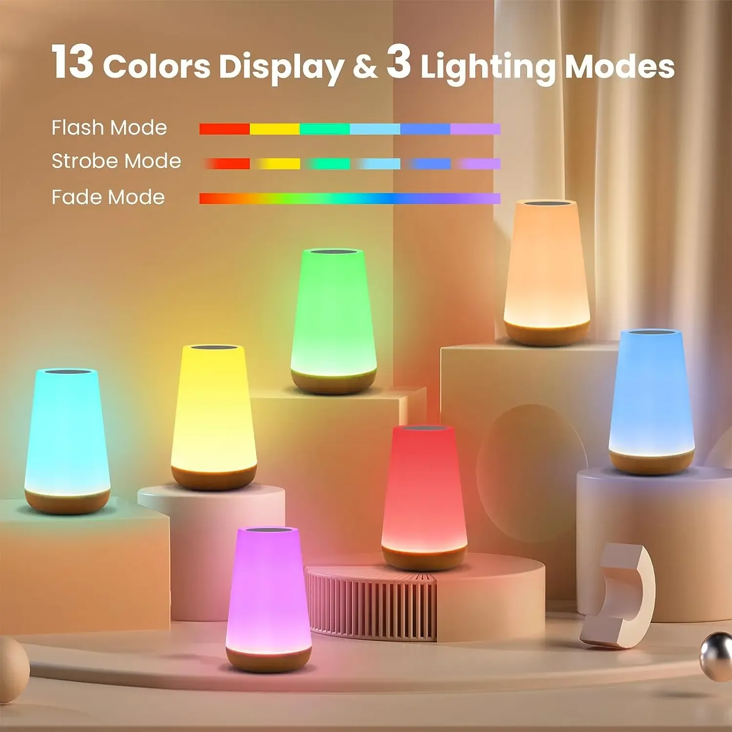 Veilleuse tactile RGB rechargeable USB à 13 couleurs avec télécommande, intensité variable, portable, lampe de chevet 2