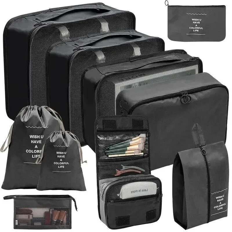 Ensemble de 7 à 10 pièces d'organisation de voyage : sacs de rangement, cubes d'emballage, étuis portables et pochette pliable pour chaussures 9