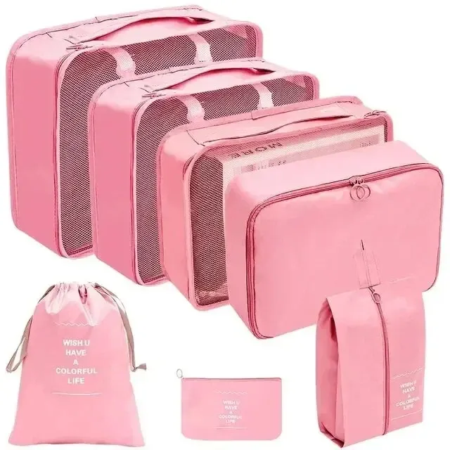 Ensemble de 7 à 10 pièces d'organisation de voyage : sacs de rangement, cubes d'emballage, étuis portables et pochette pliable pour chaussures 7