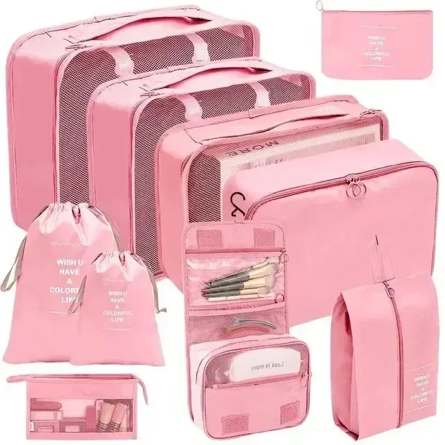 Ensemble de 7 à 10 pièces d'organisation de voyage : sacs de rangement, cubes d'emballage, étuis portables et pochette pliable pour chaussures 17