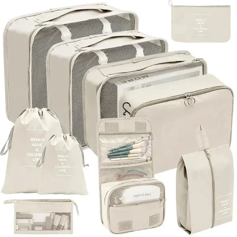 Ensemble de 7 à 10 pièces d'organisation de voyage : sacs de rangement, cubes d'emballage, étuis portables et pochette pliable pour chaussures 15