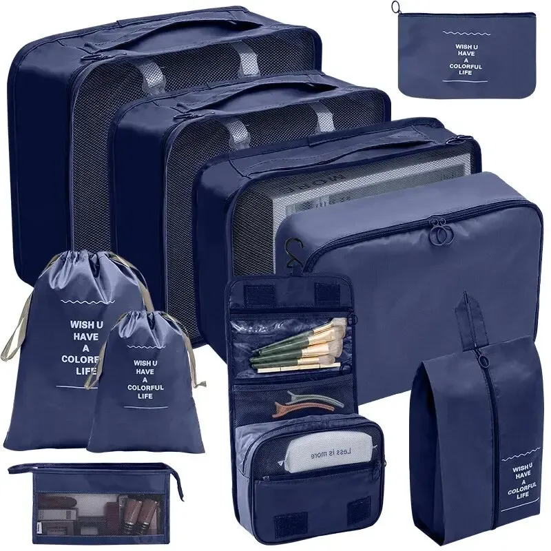 Ensemble de 7 à 10 pièces d'organisation de voyage : sacs de rangement, cubes d'emballage, étuis portables et pochette pliable pour chaussures 14