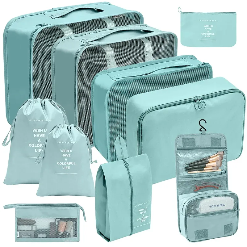 Ensemble de 7 à 10 pièces d'organisation de voyage : sacs de rangement, cubes d'emballage, étuis portables et pochette pliable pour chaussures 12