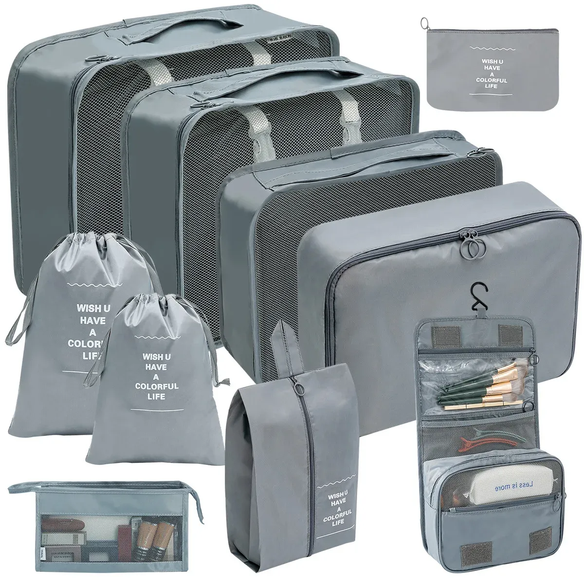 Ensemble de 7 à 10 pièces d'organisation de voyage : sacs de rangement, cubes d'emballage, étuis portables et pochette pliable pour chaussures 10