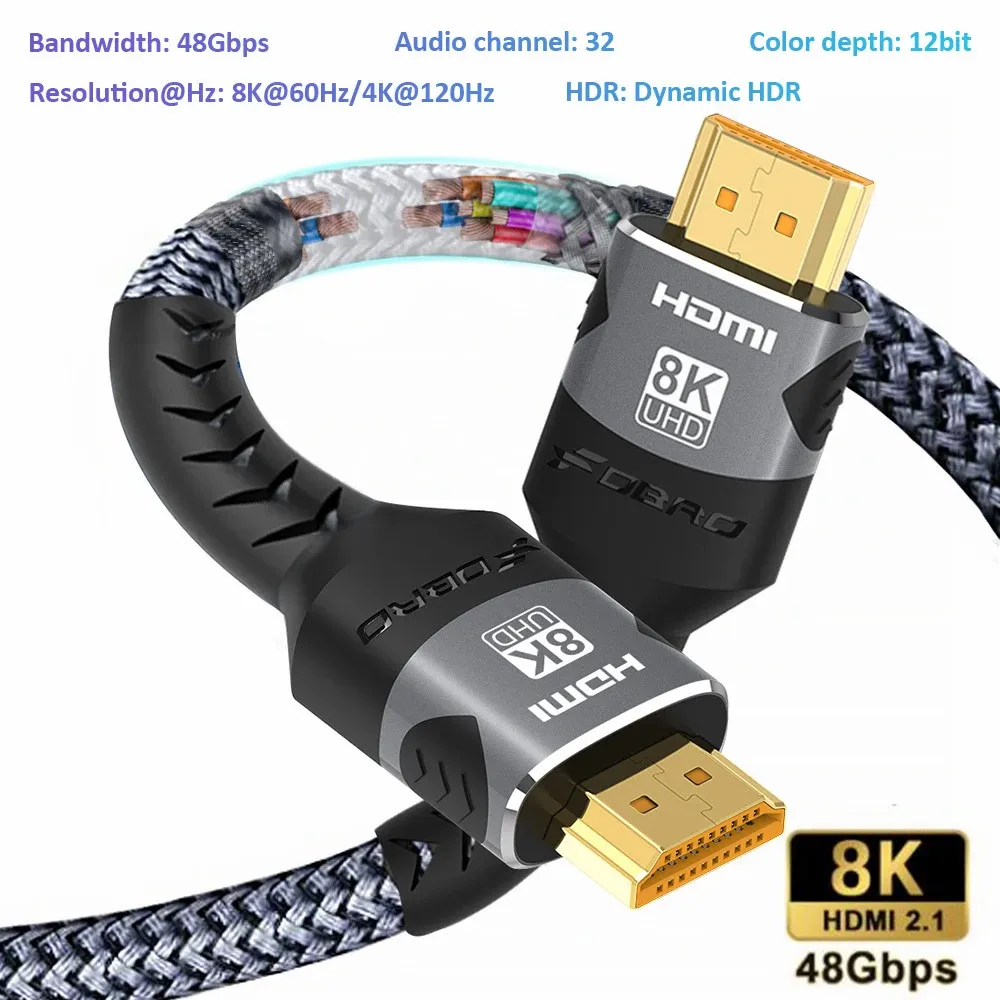 Câble HDMI 2.1 8K compatible 4K@120Hz et 8K@60Hz, 48 Gbps, eARC et HDR, pour PC, ordinateur portable, TV et PS5