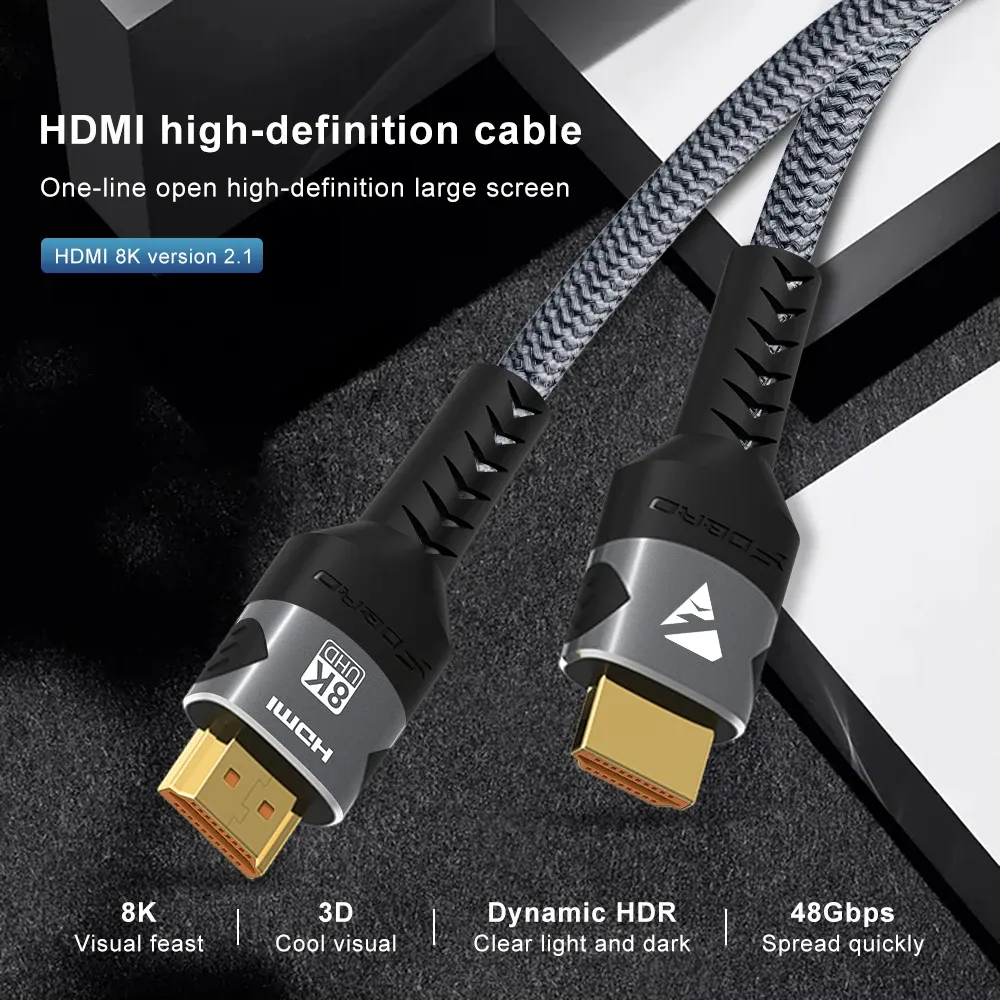 Câble HDMI 2.1 8K compatible 4K@120Hz et 8K@60Hz, 48 Gbps, eARC et HDR, pour PC, ordinateur portable, TV et PS5 4