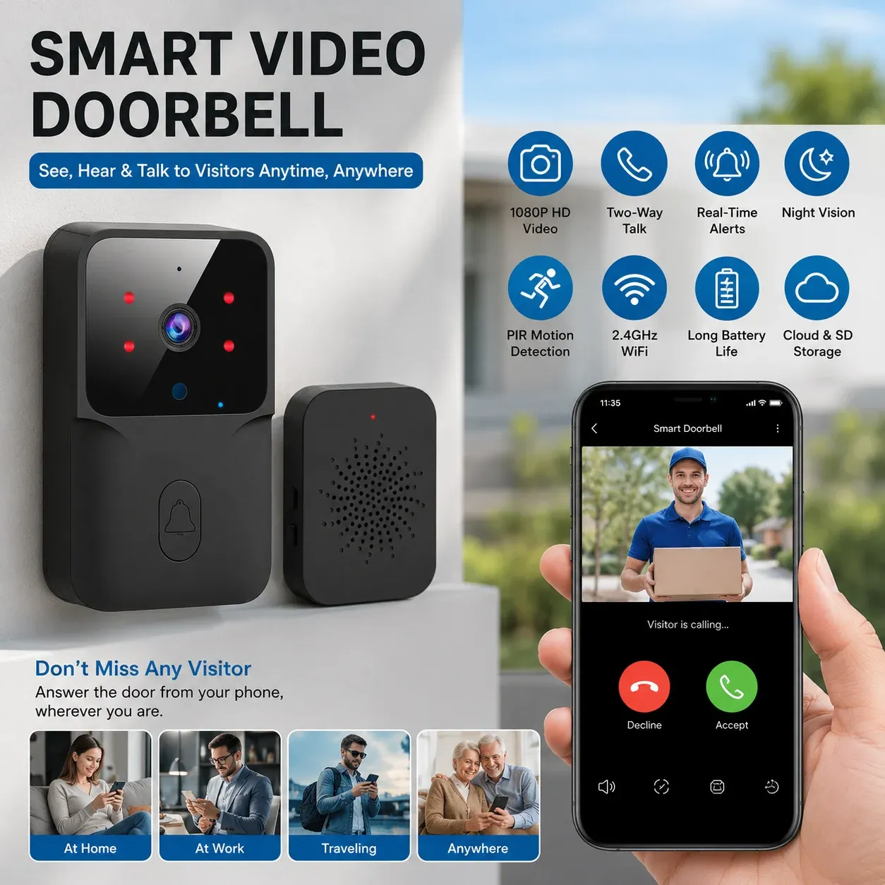 Sonnette vidéo sans fil, sonnette Wi-Fi avec conversation bidirectionnelle et vision nocturne infrarouge, moniteur de surveillance de sécurité pour maison connectée - Image 1