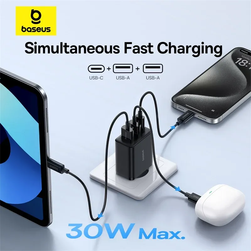 Chargeur Baseus 30 W à 3 ports, USB-C PD 3.0 et USB QC 3.0, charge rapide pour iPhone, Xiaomi et Samsung 2