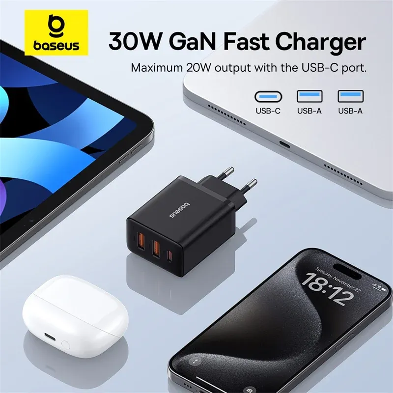Chargeur Baseus 30 W à 3 ports, USB-C PD 3.0 et USB QC 3.0, charge rapide pour iPhone, Xiaomi et Samsung 4