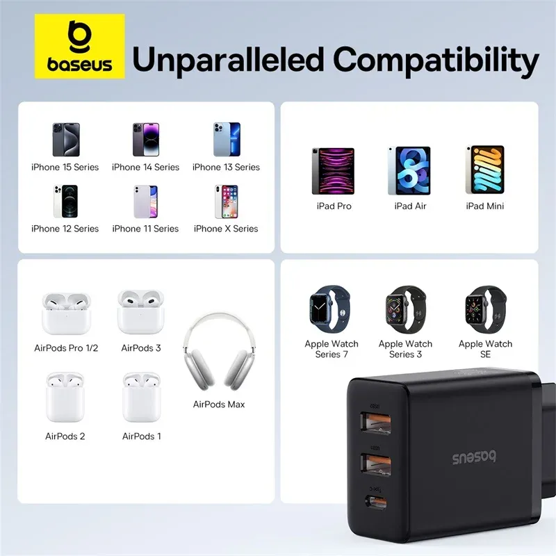 Chargeur Baseus 30 W à 3 ports, USB-C PD 3.0 et USB QC 3.0, charge rapide pour iPhone, Xiaomi et Samsung 6