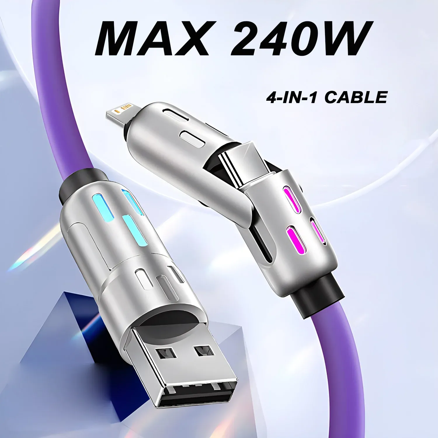 Câble USB-C vers USB-C 4 en 1, 240 W, câble de charge rapide PD, longueur 1 m, compatible iPhone 16 Pro Max, iPhone 15, iPad, Xiaomi et Samsung