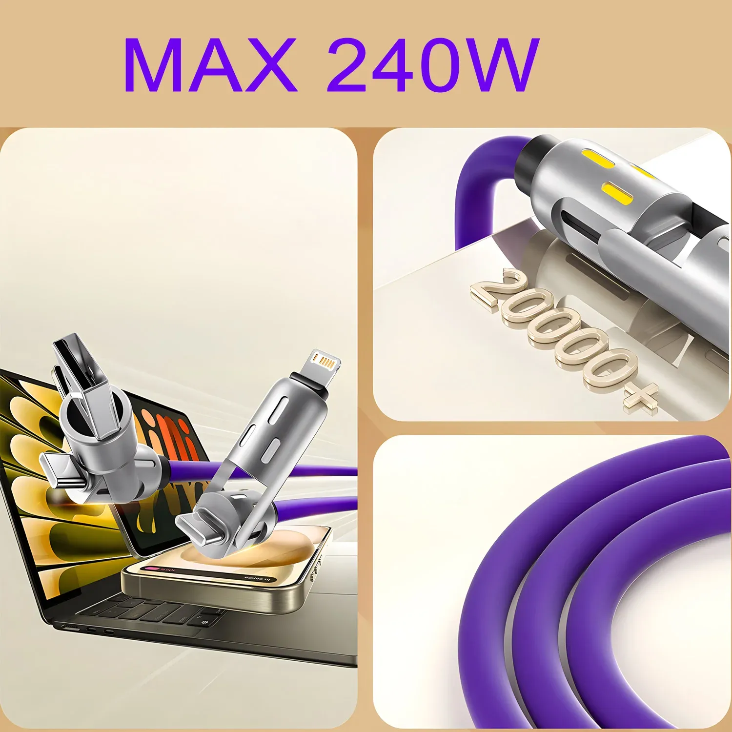 Câble USB-C vers USB-C 4 en 1, 240 W, câble de charge rapide PD, longueur 1 m, compatible iPhone 16 Pro Max, iPhone 15, iPad, Xiaomi et Samsung 2