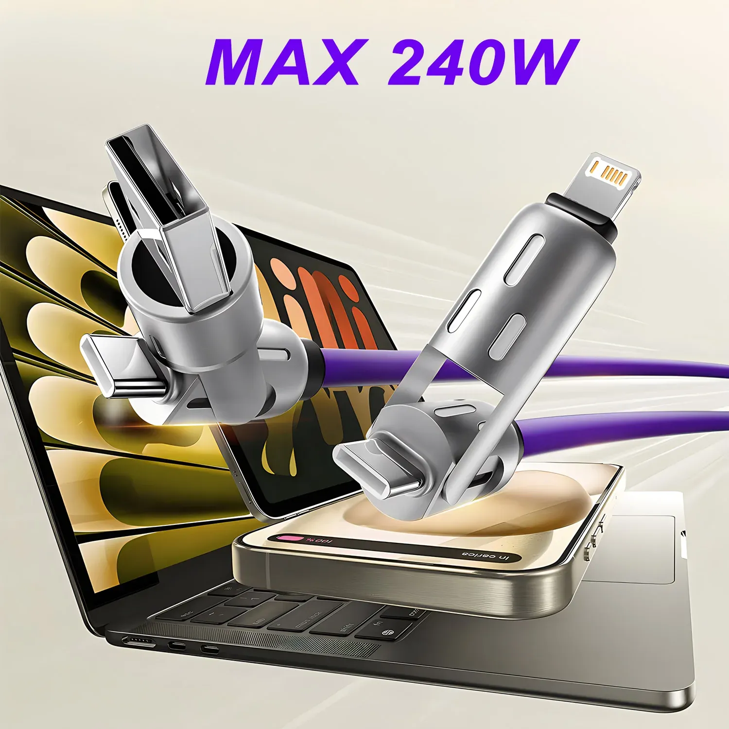 Câble USB-C vers USB-C 4 en 1, 240 W, câble de charge rapide PD, longueur 1 m, compatible iPhone 16 Pro Max, iPhone 15, iPad, Xiaomi et Samsung 6