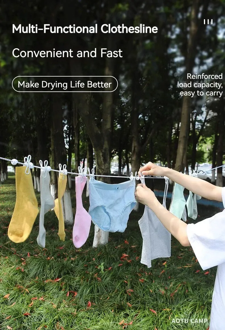 Détail des pinces et boucles de la corde à linge