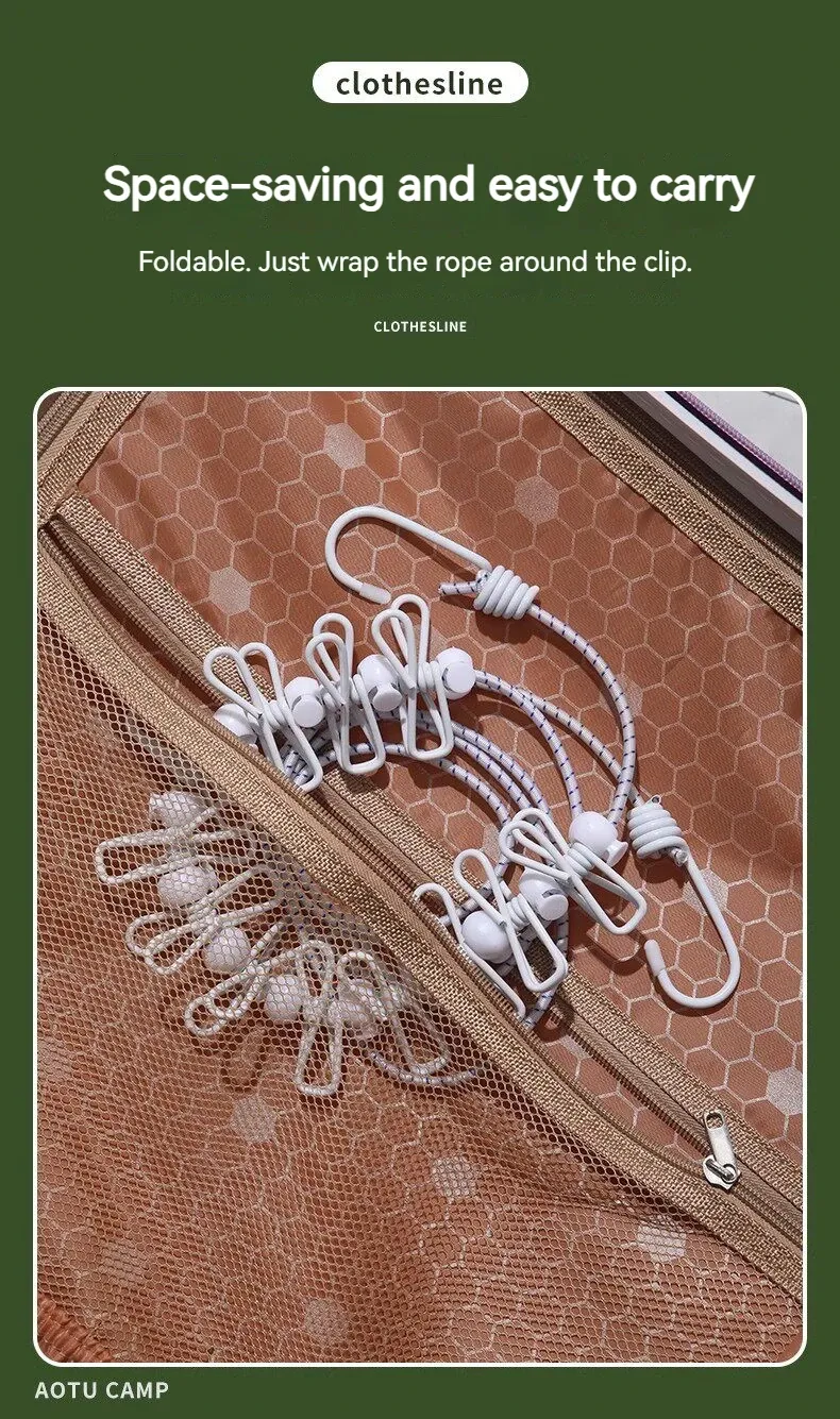 Corde à linge de voyage, détail des crochets