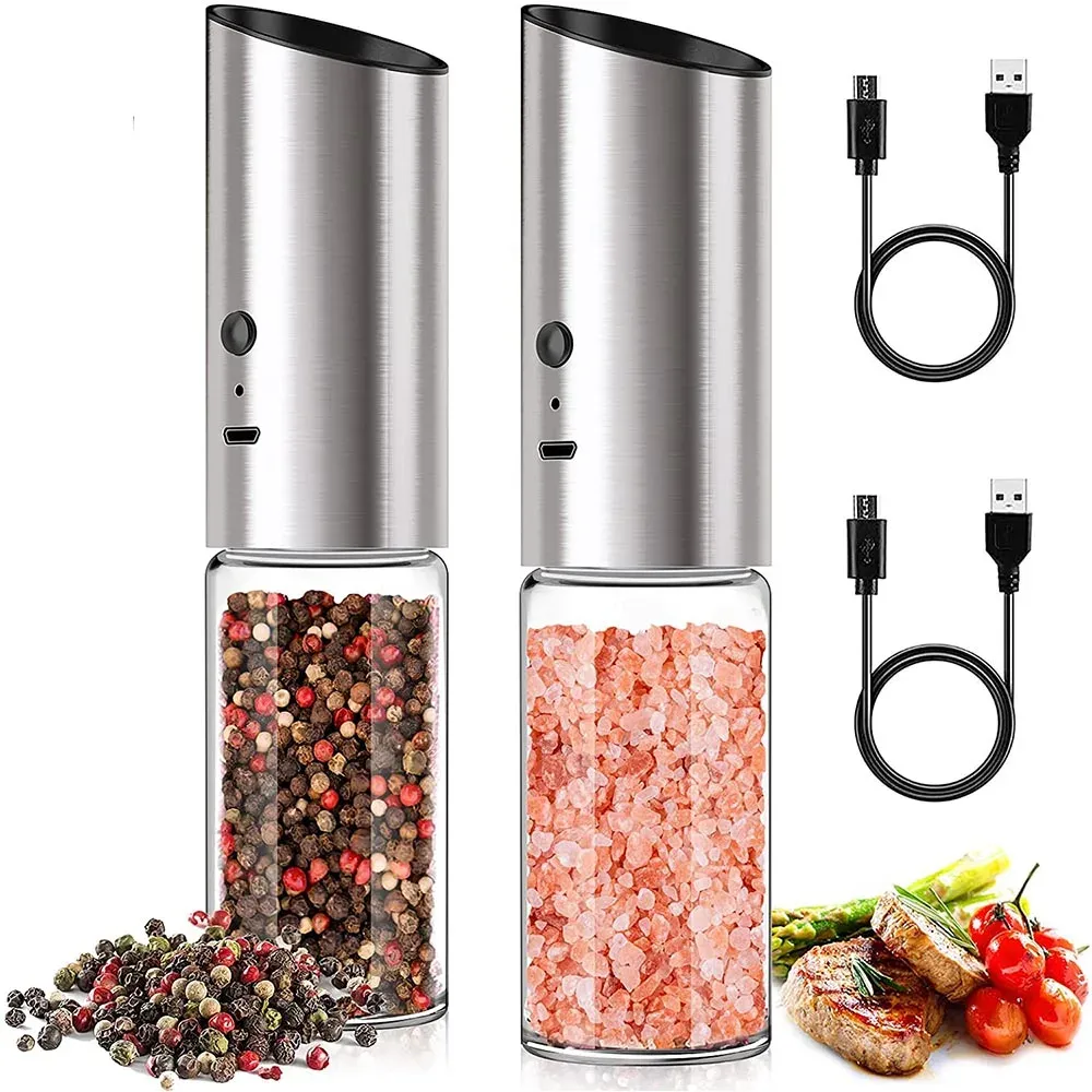 Ensemble de moulins à sel et à poivre électriques, rechargeables par USB, shakers automatiques en acier pour épices, ustensile de cuisine